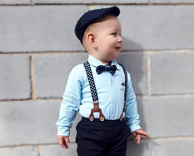 Little Man Suspender Baby Boys Romper Set with Hat