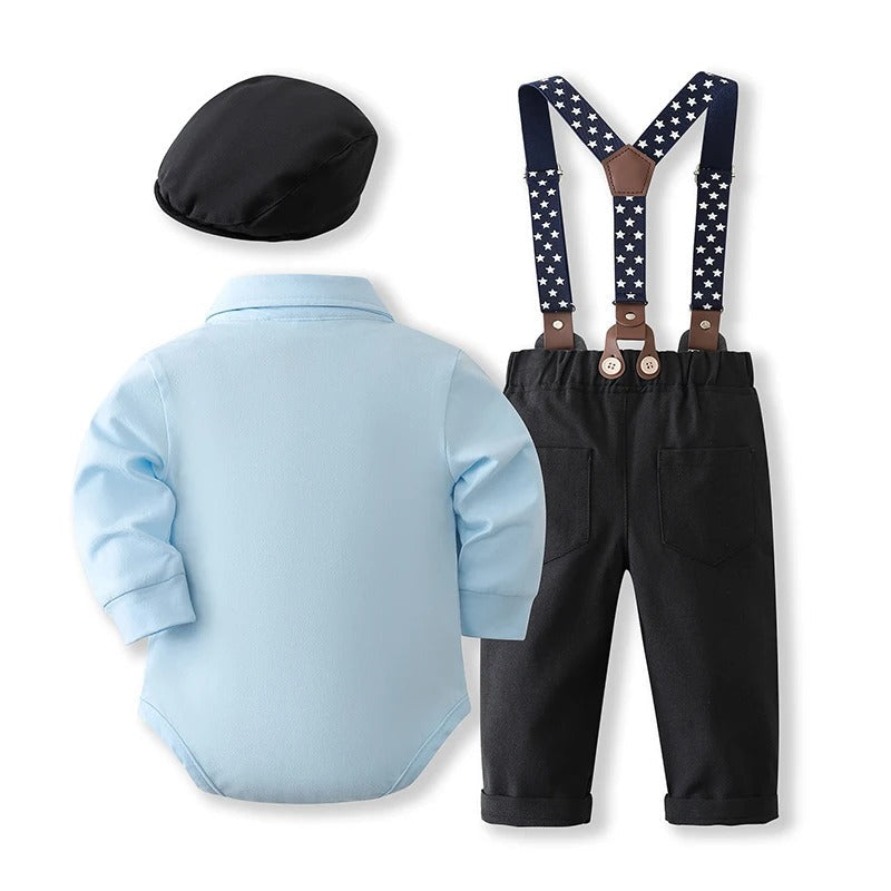 Little Man Suspender Baby Boys Romper Set with Hat
