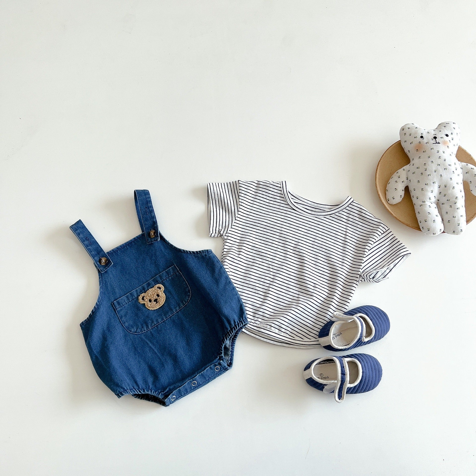 Denim Teddy Two-Piece Baby Boys Girls Romper