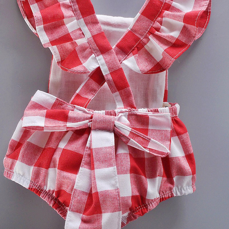 Noa Plaid Baby Girls Princess Romper with Bow Pin