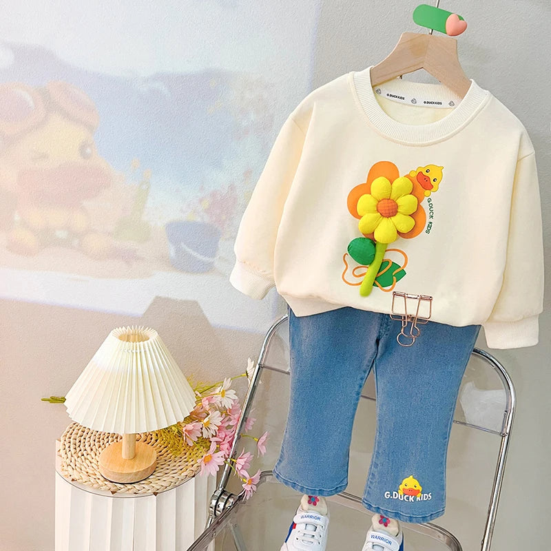 Yellow 3D Flower Girls Sweatshirt Denim Set
