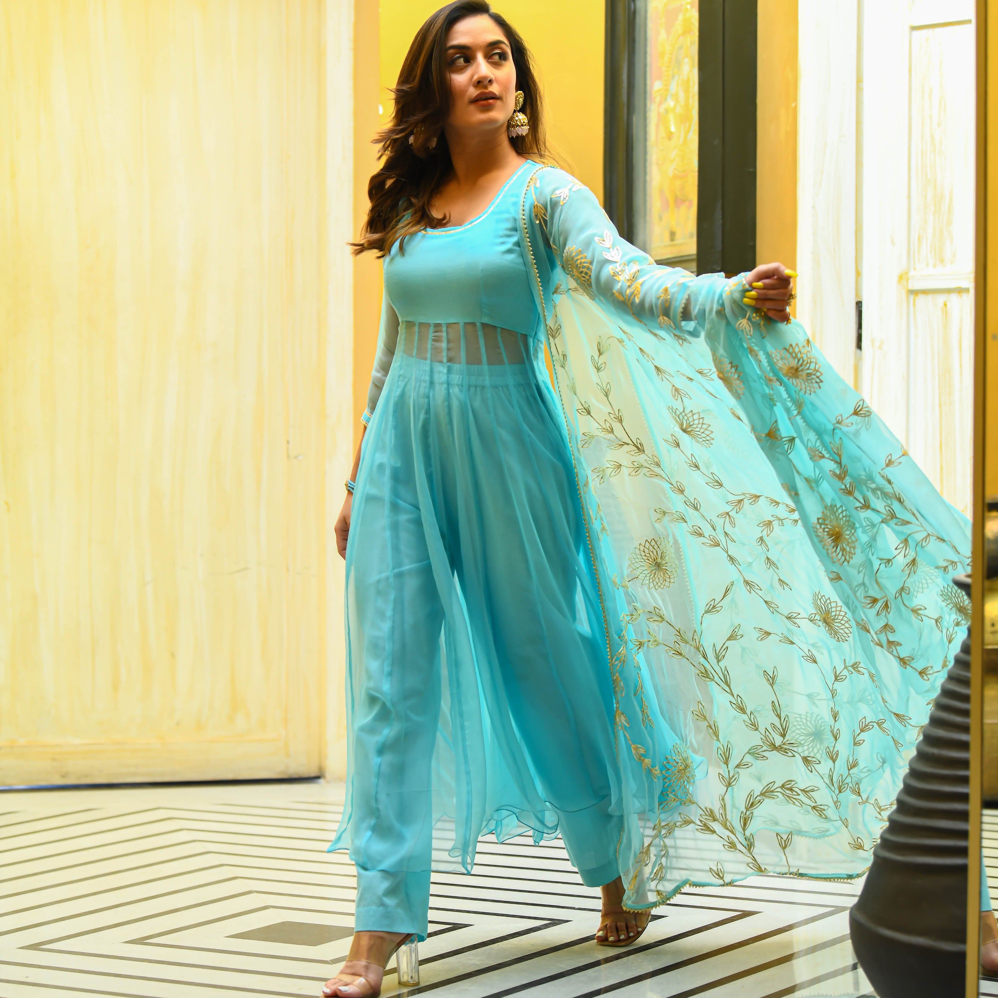Bunaai Skyblue Gotta Salwar Suit