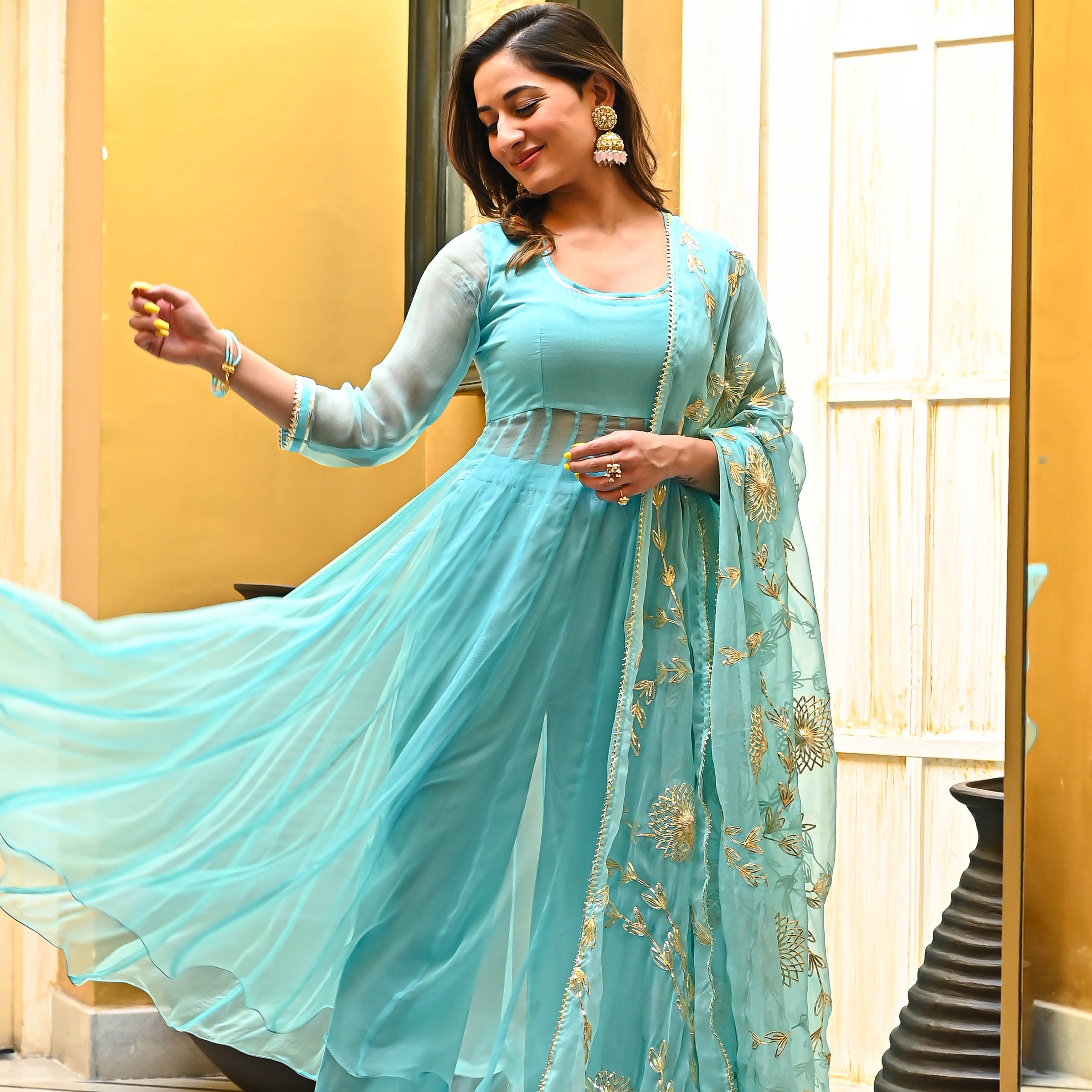 Bunaai Skyblue Gotta Salwar Suit