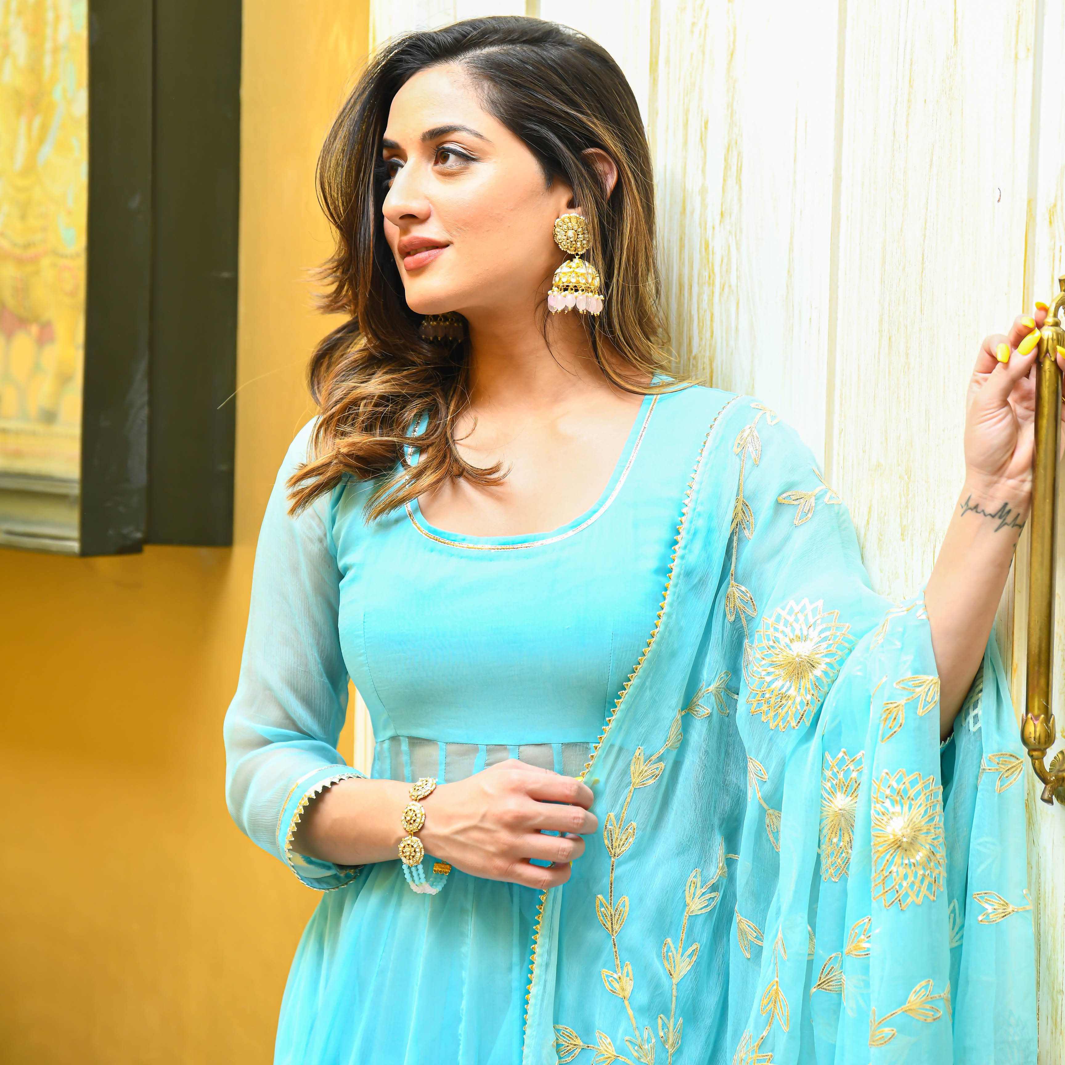 Bunaai Skyblue Gotta Salwar Suit