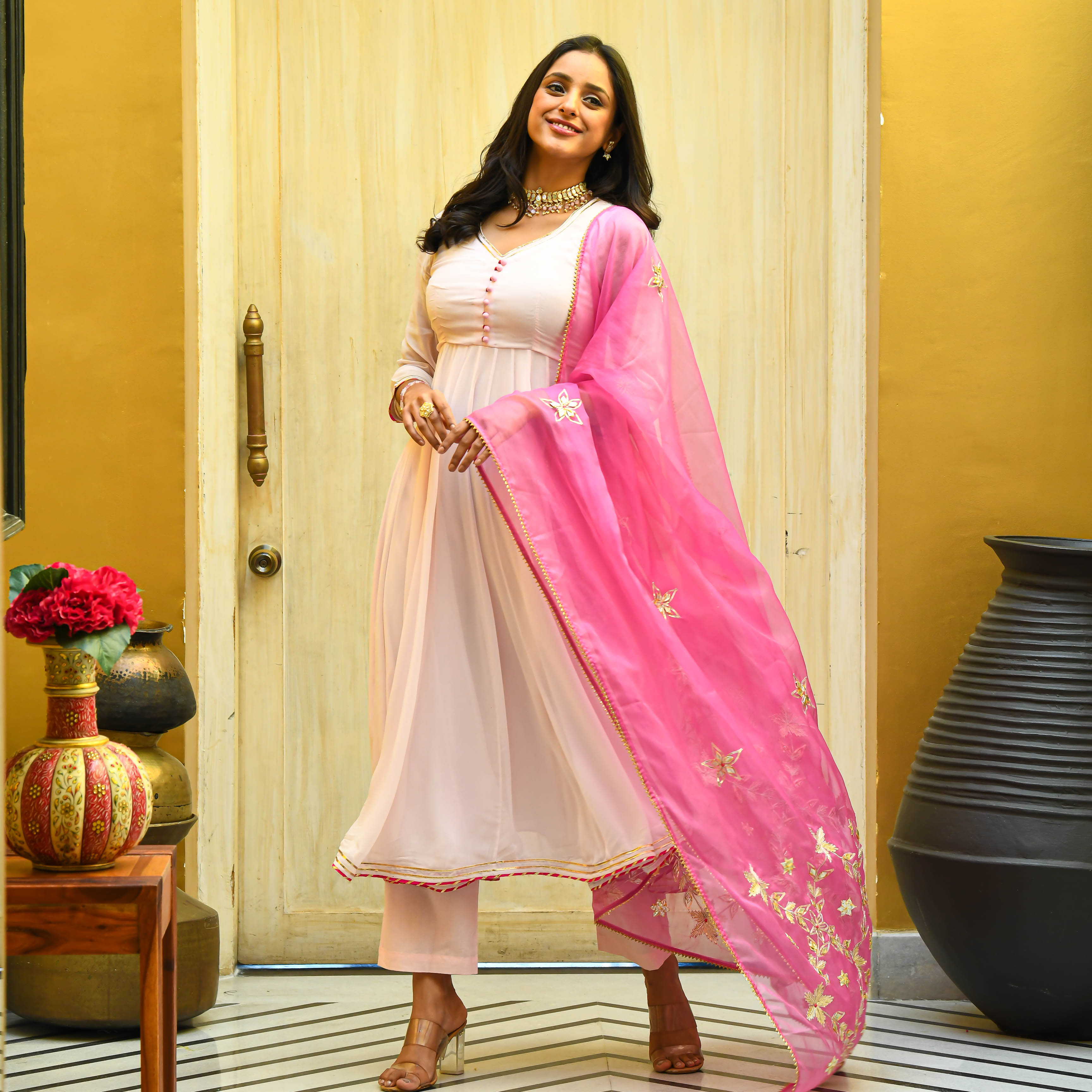 Bunaai Baby Pink Georgette Gota Suit Set