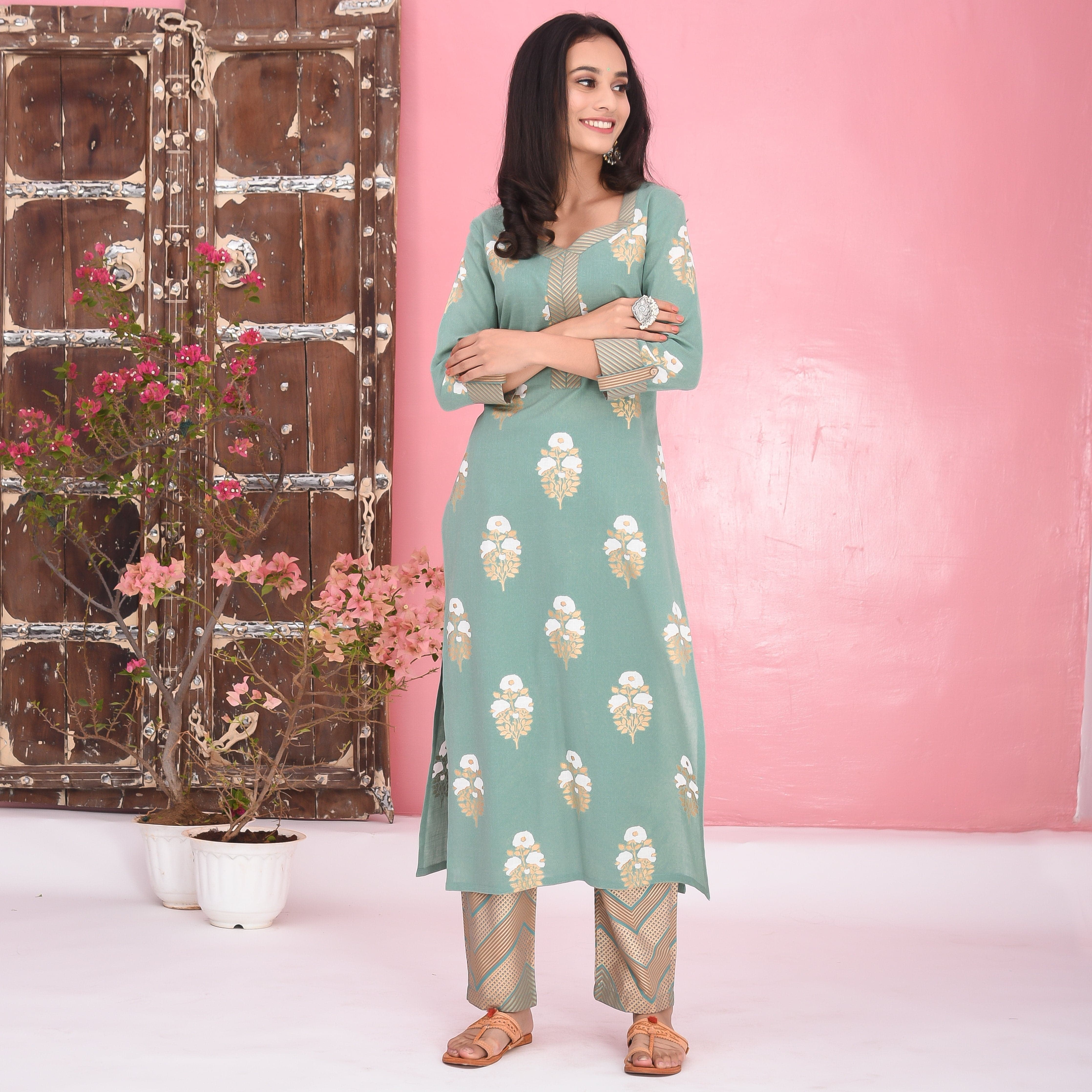 Bunaai Stripes Floral Cotton Kurta Set