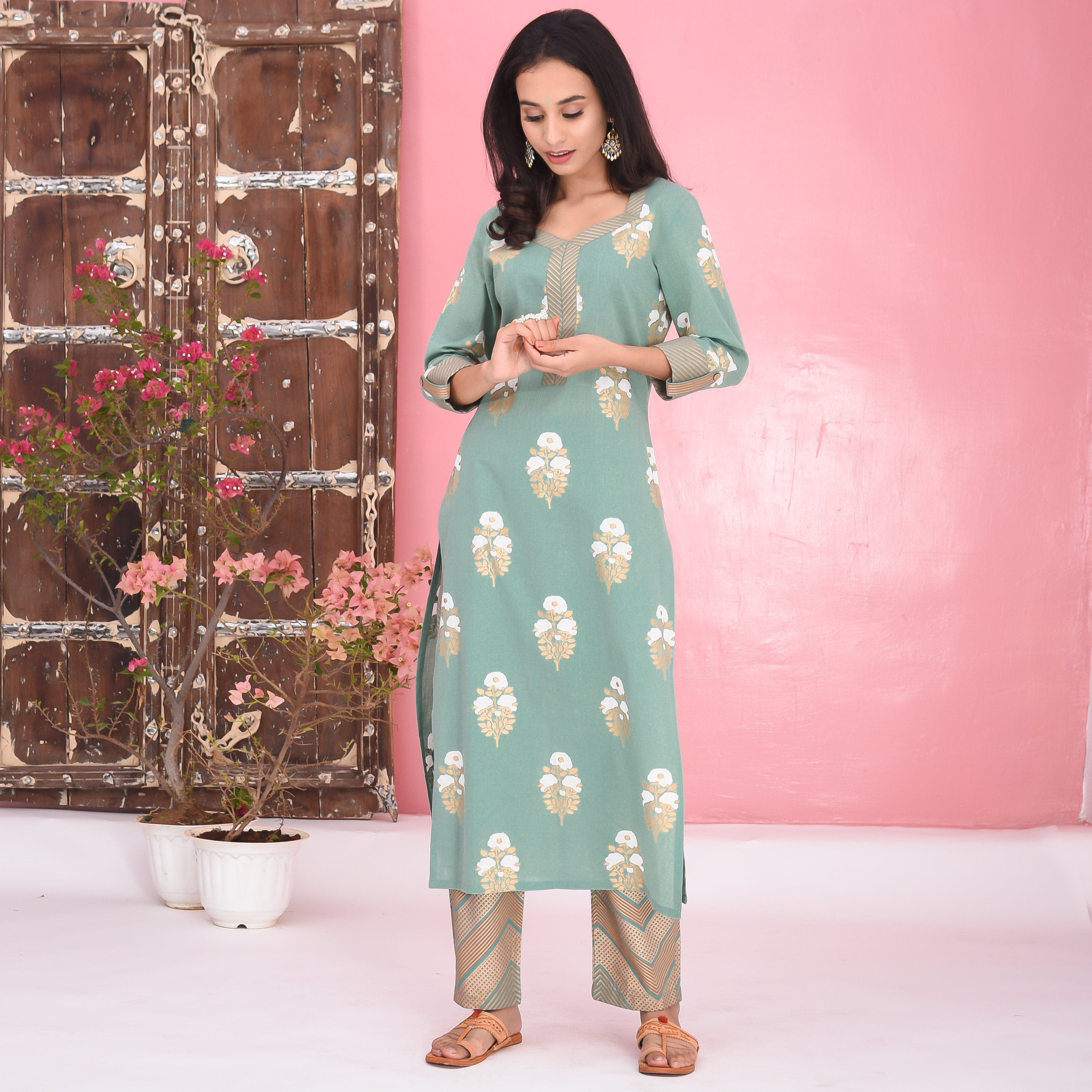 Bunaai Stripes Floral Cotton Kurta Set