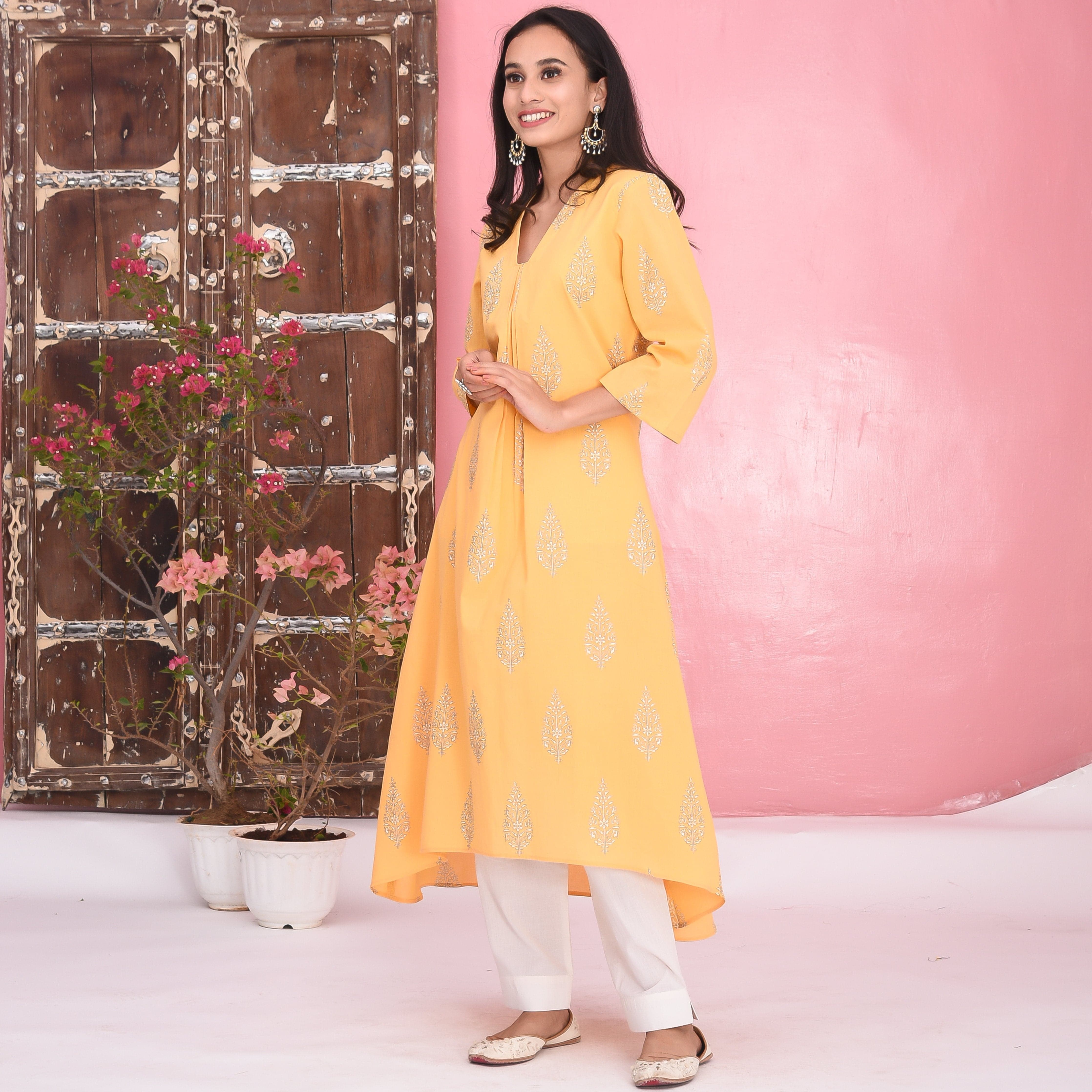 Yellow White Cotton Kurta Set